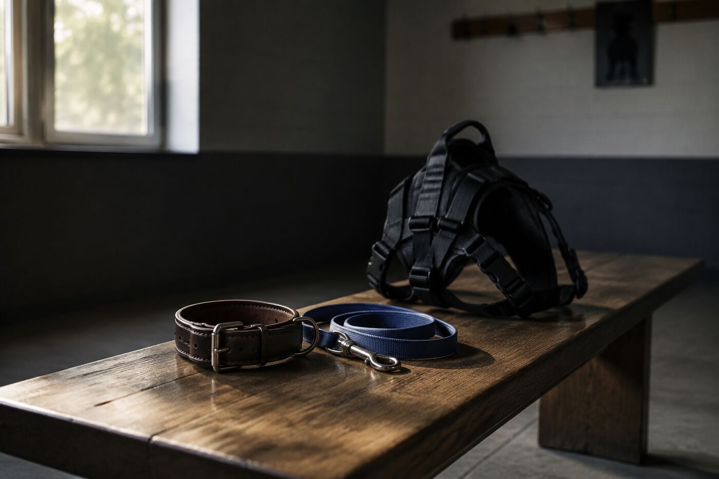 An empty dog collar, leash and tracking harness resting on a bench