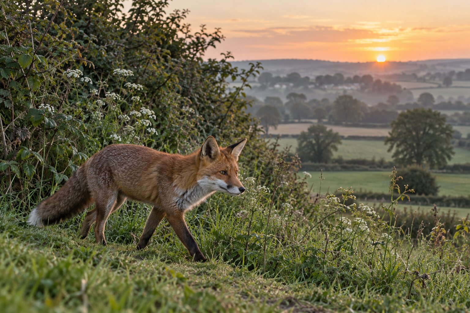 A healthy red fox walking beside a countryside hedgerow at dawn