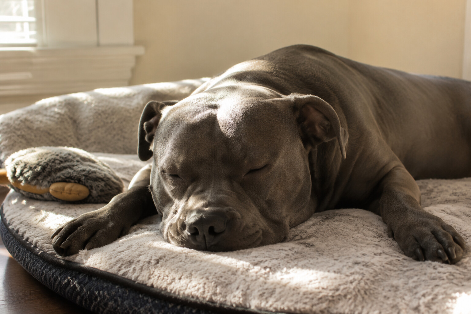 Large gray bully-type dog sleeping on a soft bed