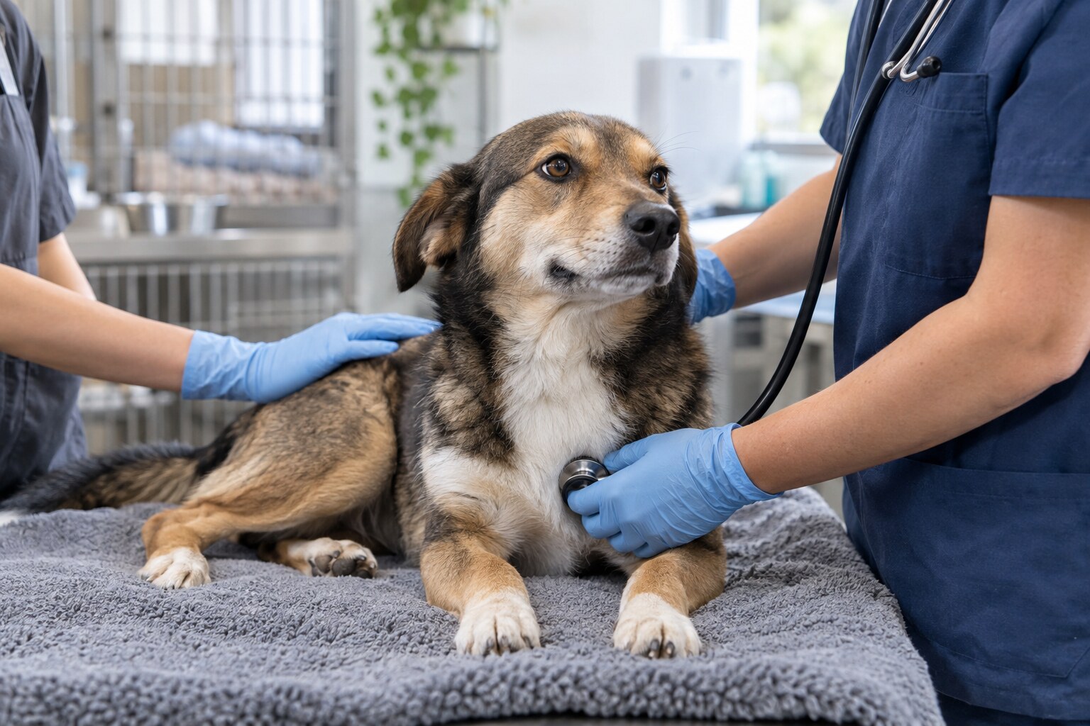 A rescued dog receiving a gentle veterinary examination