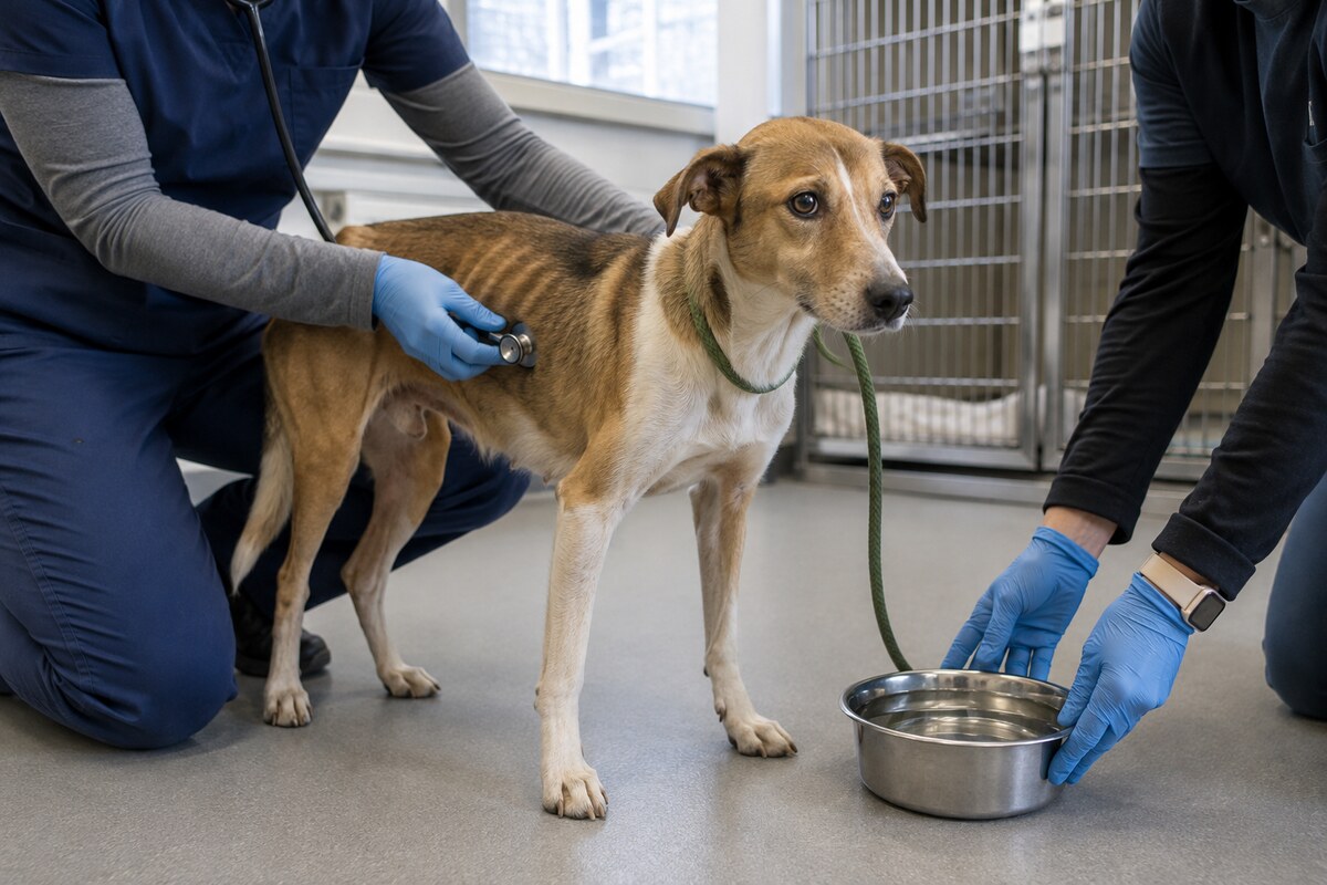 A veterinary worker examines a thin rescue dog while another person places a water bowl nearby.