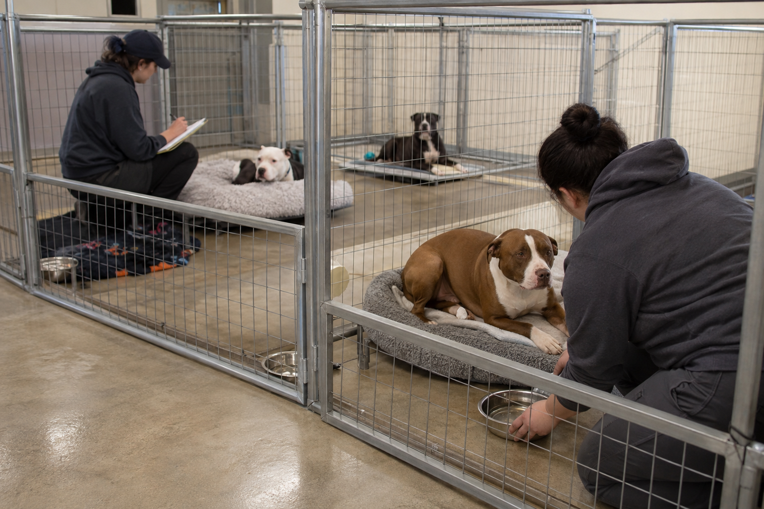 Pit bull-type dogs resting in rehabilitation pens while animal-care staff observe them