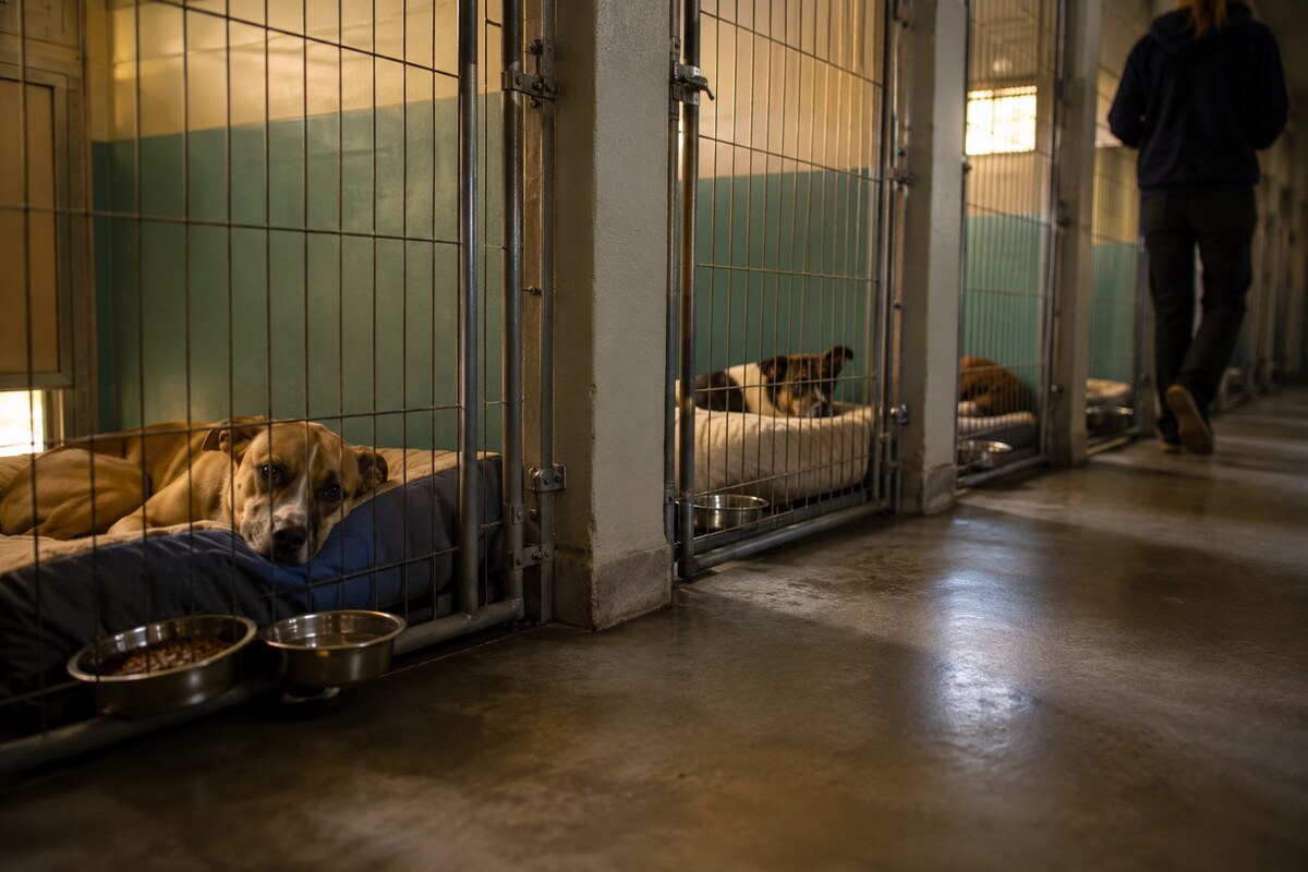 Several rescued dogs resting on clean bedding in separate shelter kennels.