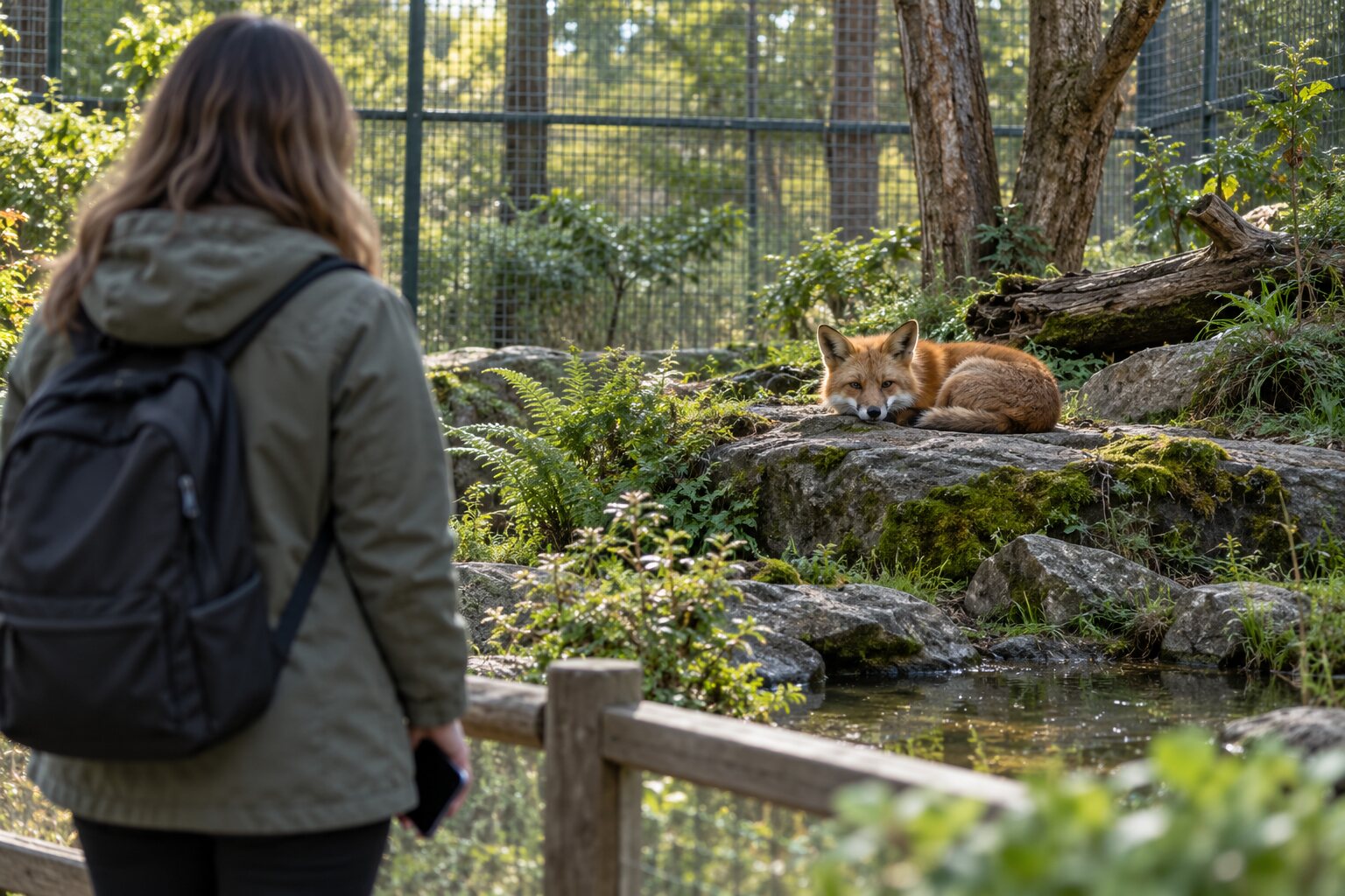 A visitor observes a fox from a respectful distance at a spacious wildlife sanctuary