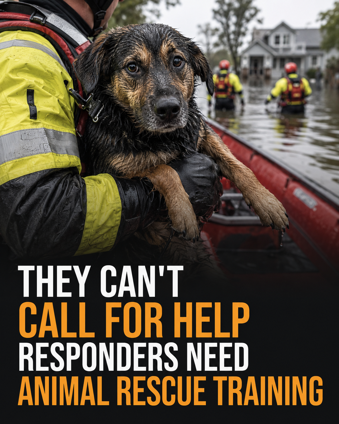 An emergency responder carrying a rescued dog from a flood boat
