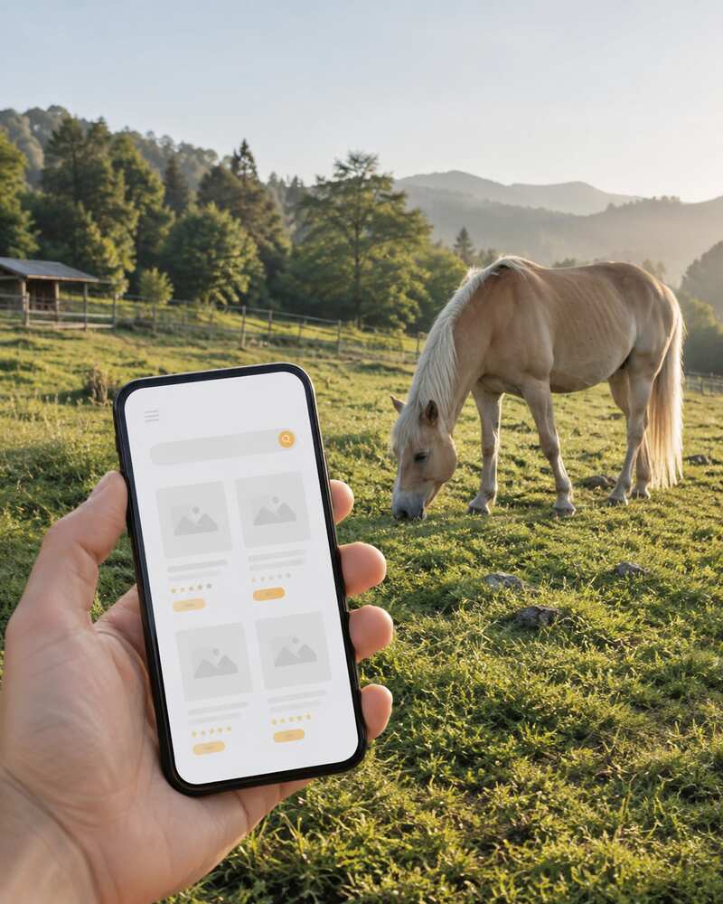 A traveler holds a phone while a horse grazes freely in a pasture