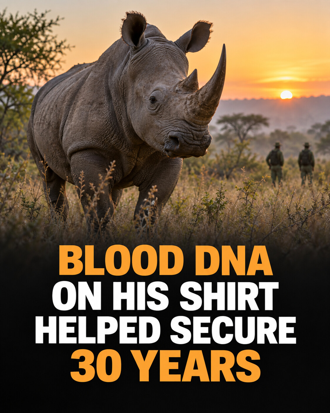 Living rhino with headline about DNA evidence and a 30-year sentence