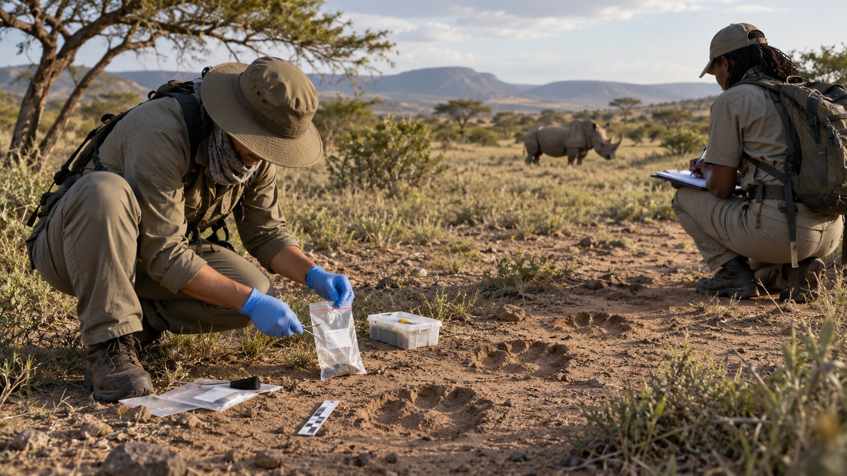 Wildlife investigators collect conservation evidence in the savanna