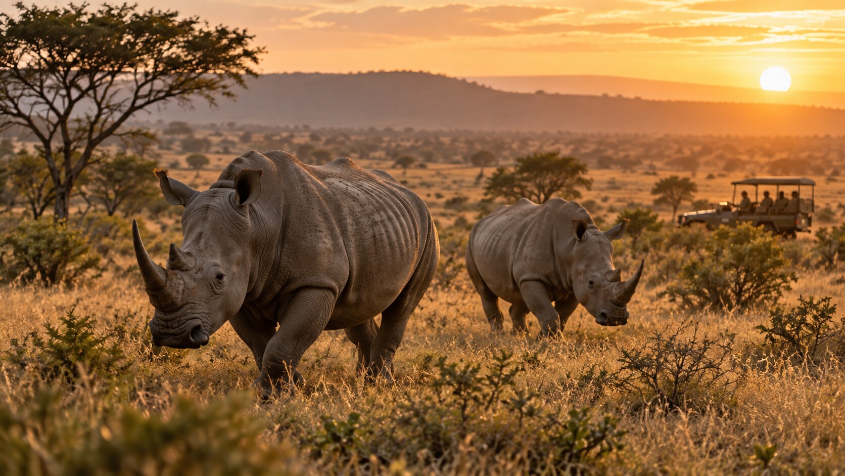 Two living rhinos monitored by conservation rangers at sunset