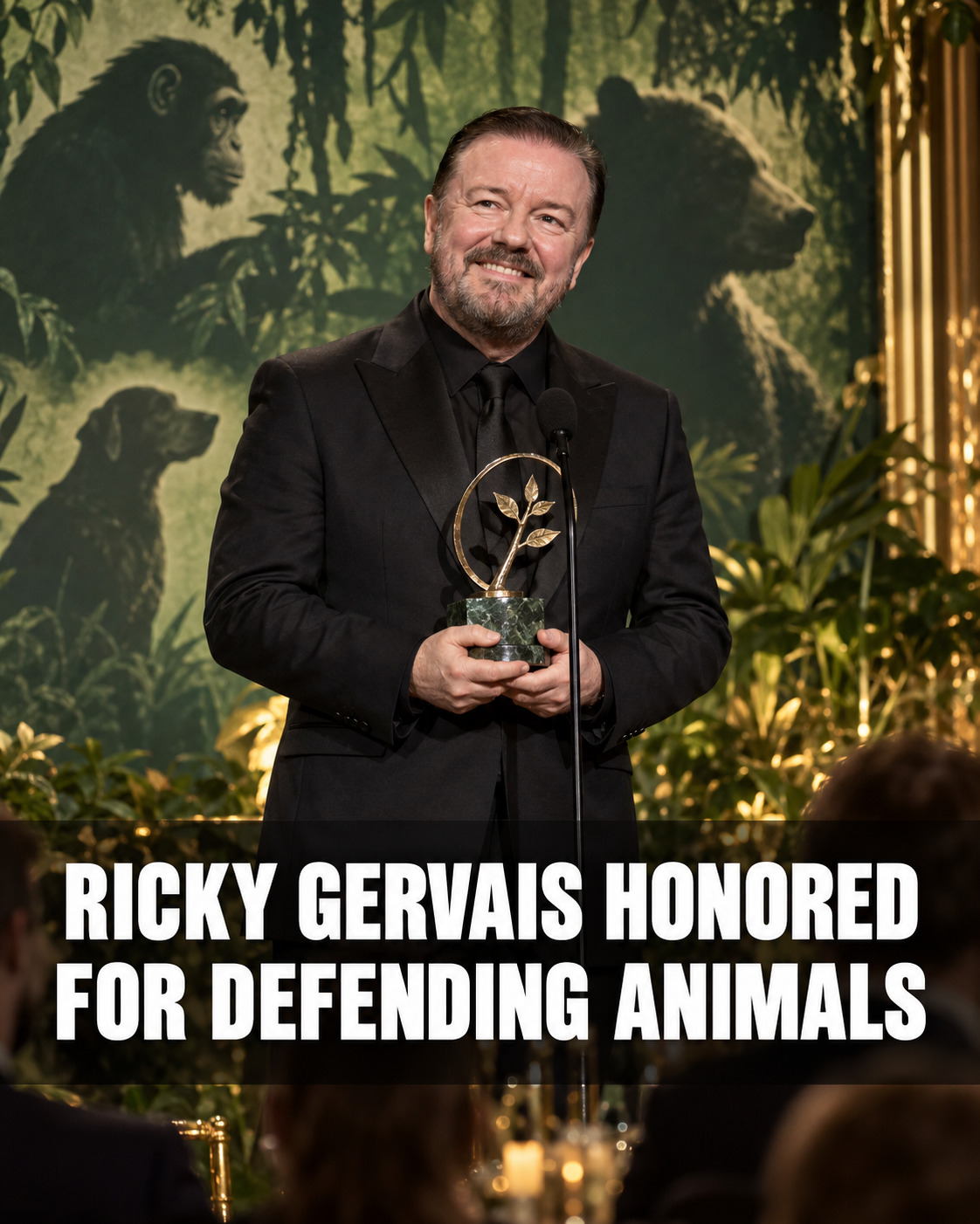 Ricky Gervais holding a conservation award with the headline Ricky Gervais Honored for Defending Animals