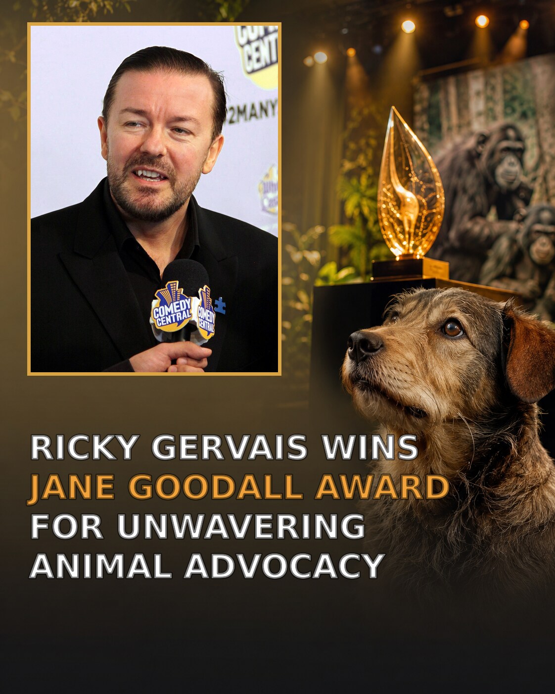 Ricky Gervais pictured with an animal-welfare award themed background
