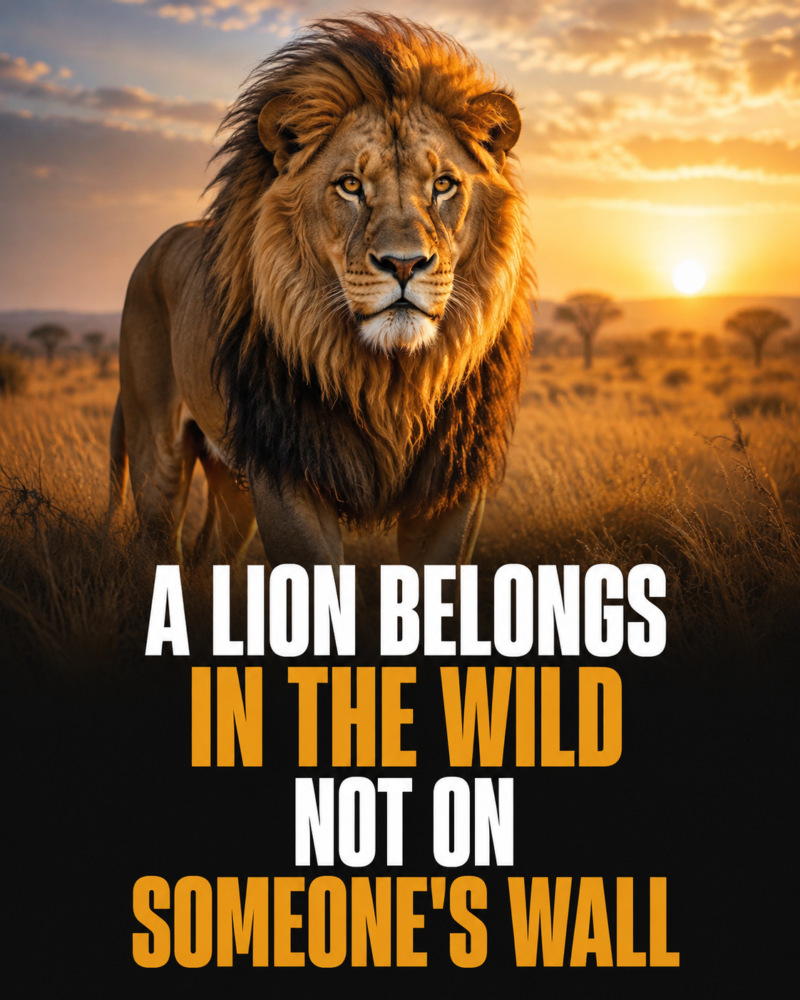 A living African lion in the wild with the message A lion belongs in the wild, not on someone's wall