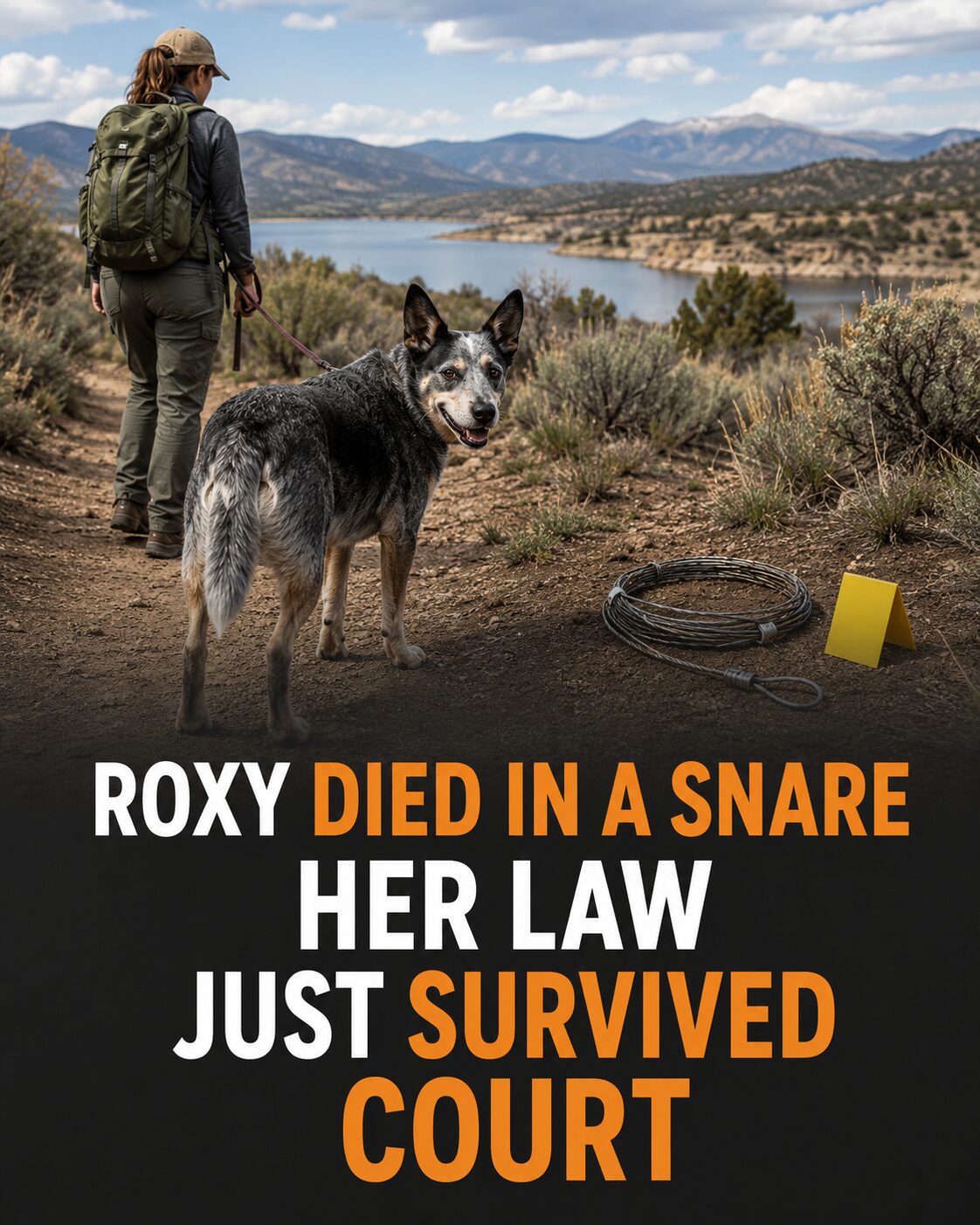 A heeler-mix dog and hiker on a New Mexico trail beside a safely removed snare