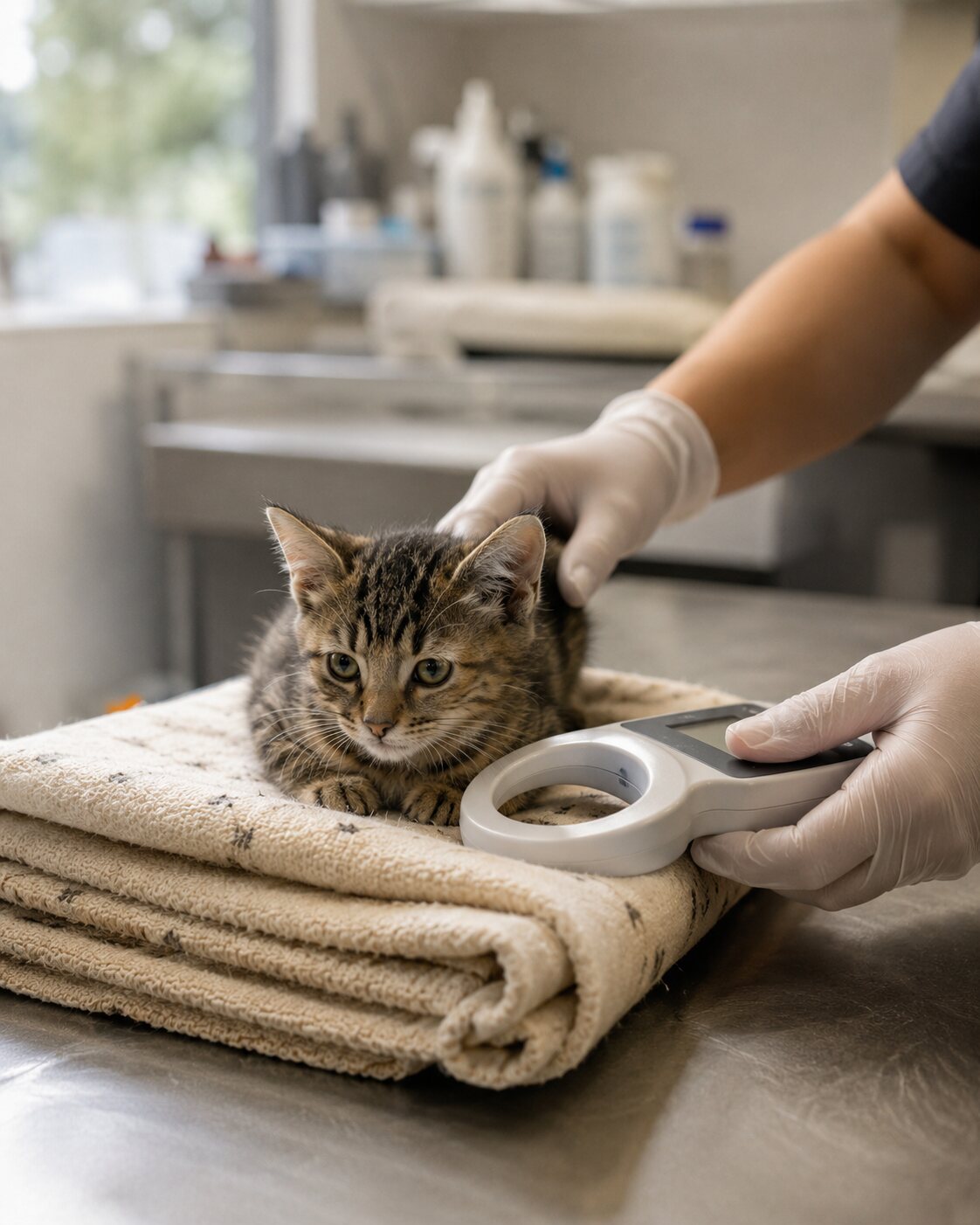 A shelter worker scans a tabby kitten during intake