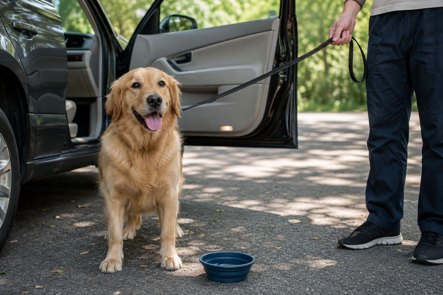Dog safely outside a car beside a water bowl