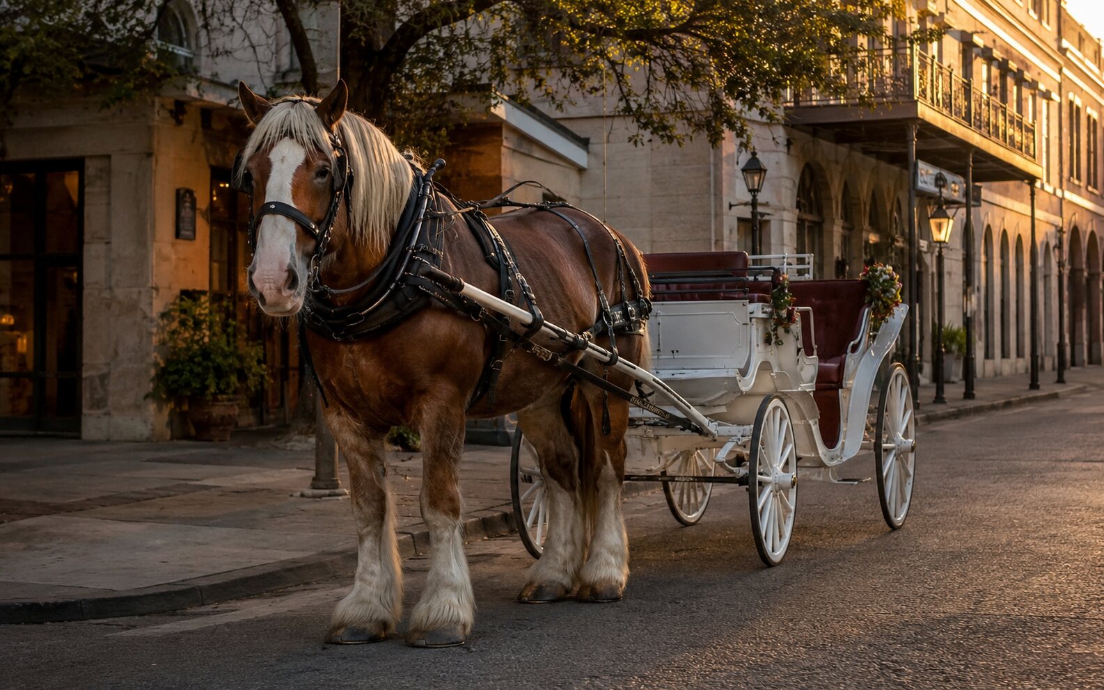 Draft horse standing beside a carriage on a quiet downtown street