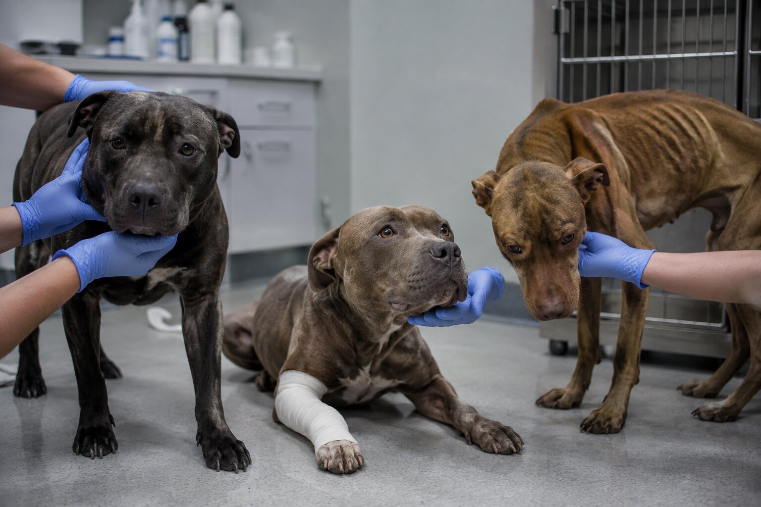 An illustrative scene of pit-bull-type dogs receiving veterinary assessment after seizure.