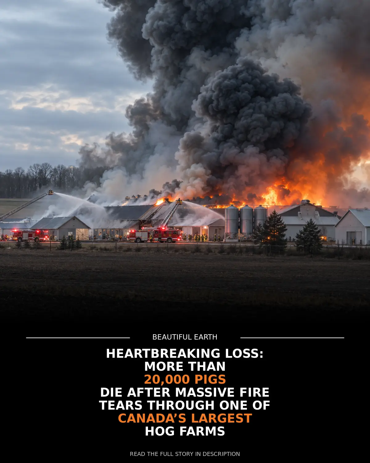 Original illustrative social graphic depicting a large rural barn fire and emergency response near Simcoe, Ontario.