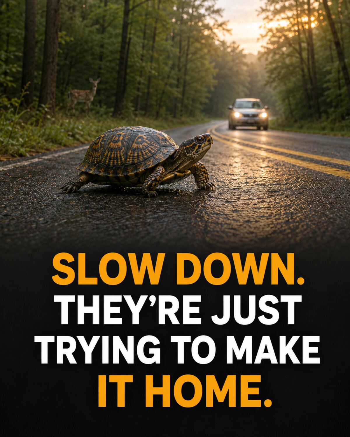 A box turtle crossing a forest road while a car waits safely in the distance