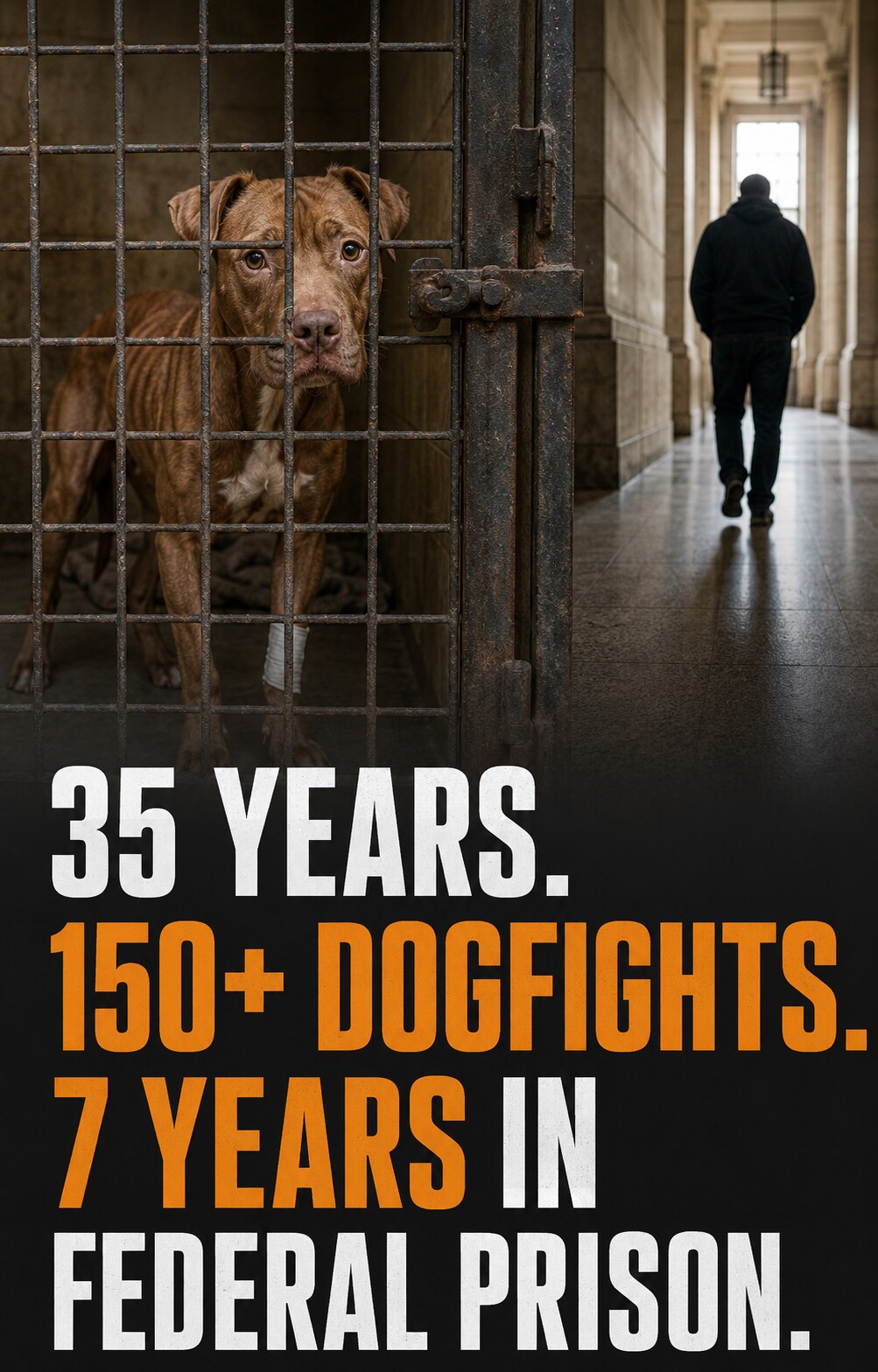 A vulnerable dog behind a kennel gate contrasted with a non-identifiable figure walking toward a courthouse.