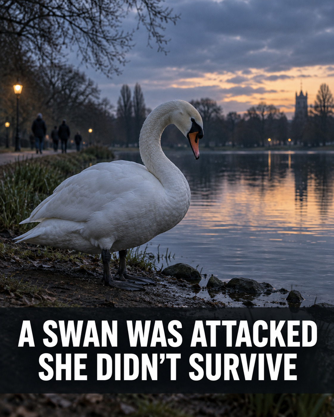 A white swan beside an English park lake with the headline A Swan Was Attacked, She Didn't Survive