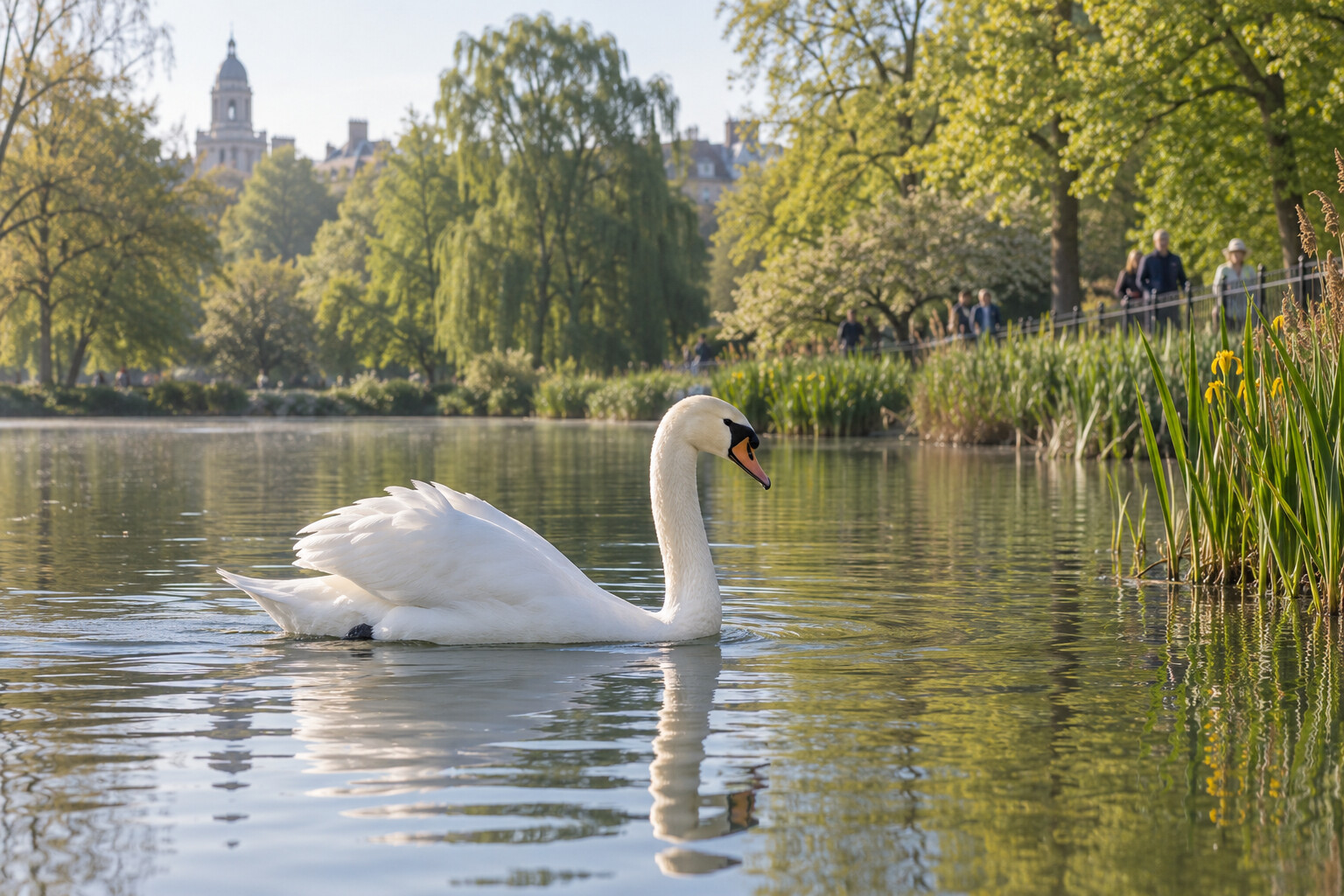 A healthy white swan gliding across an urban park lake