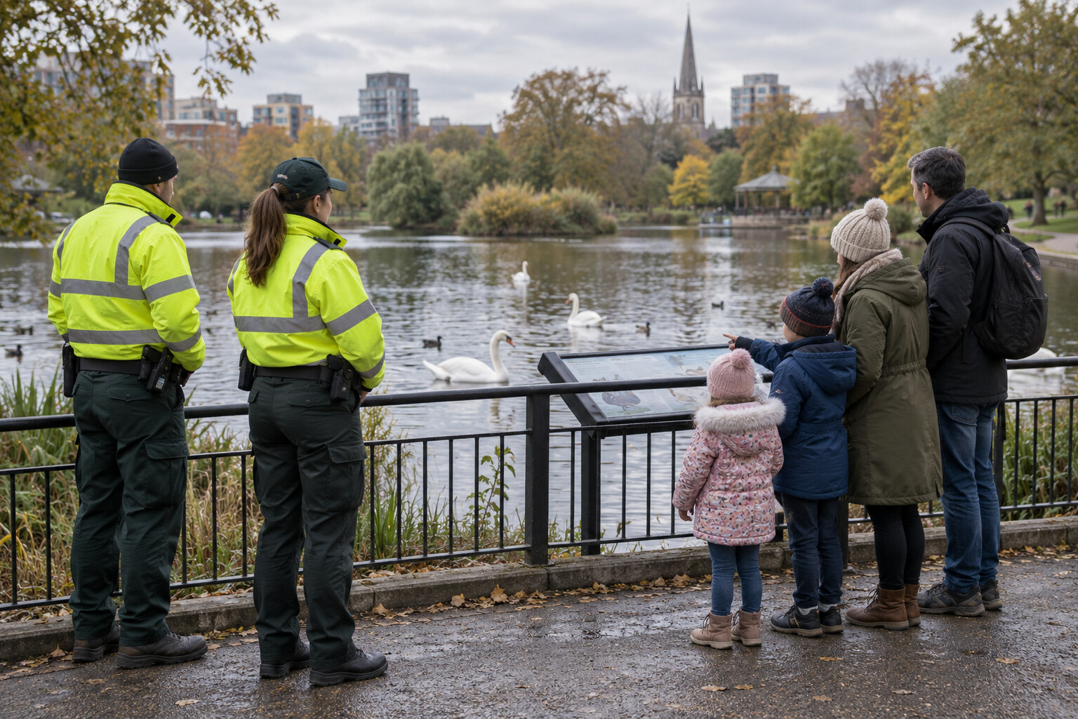 Community wardens and a family observing swans safely from behind a railing