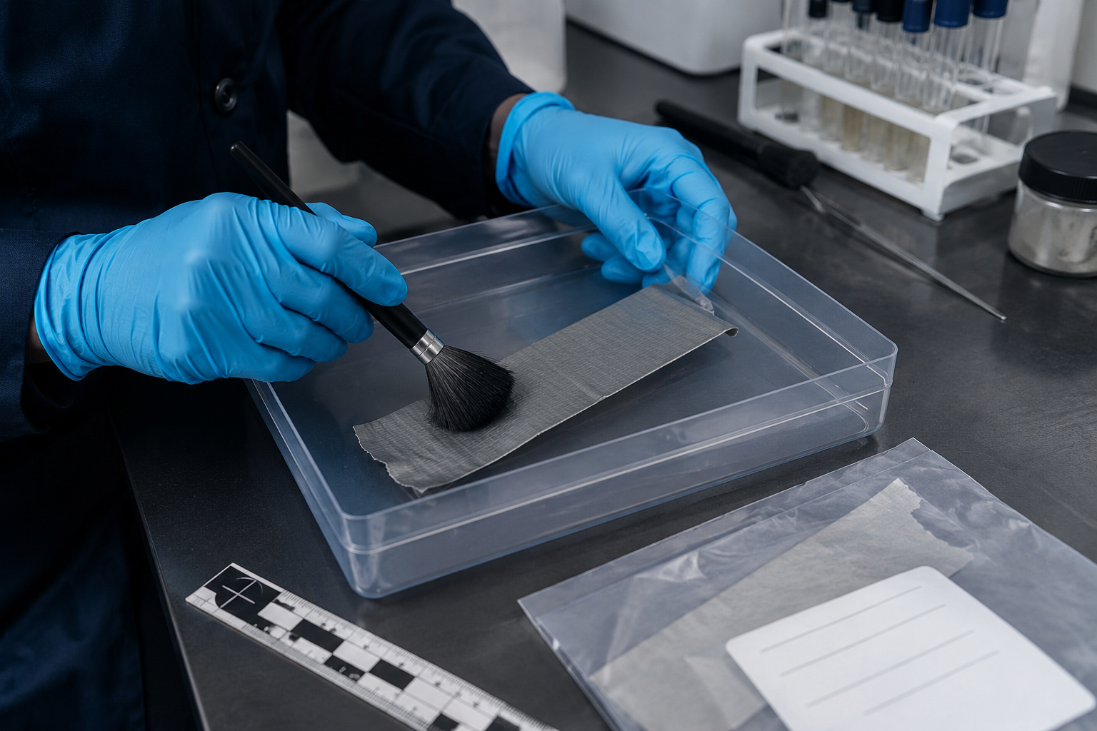 A crime-scene technician examining a strip of tape for fingerprint evidence