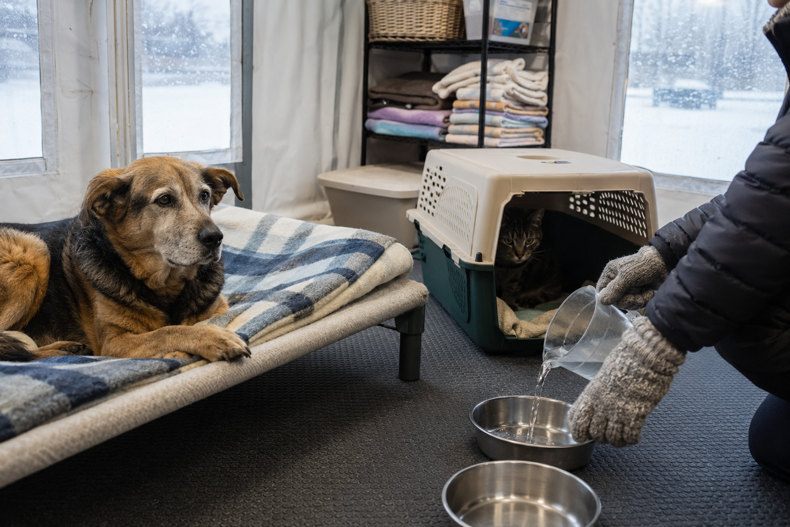 A dog and cat resting inside a temporary animal warming center during a snowstorm