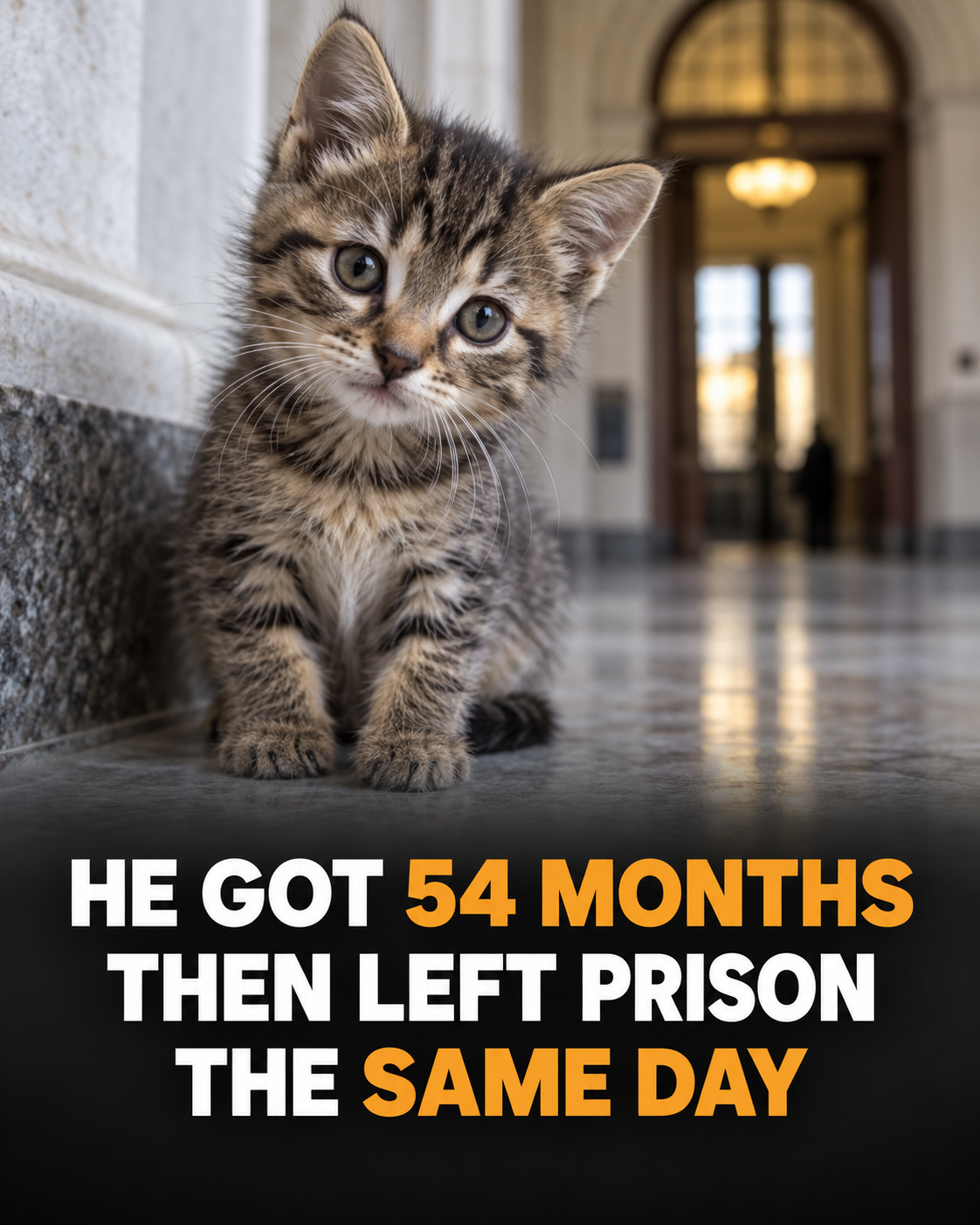 Illustrative tabby kitten with headline: He got 54 months, then left prison the same day