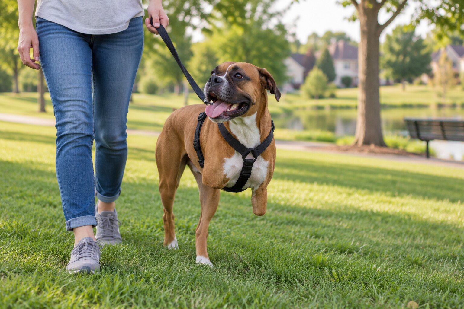 Illustration of a healthy three-legged boxer-type dog walking with an adopter