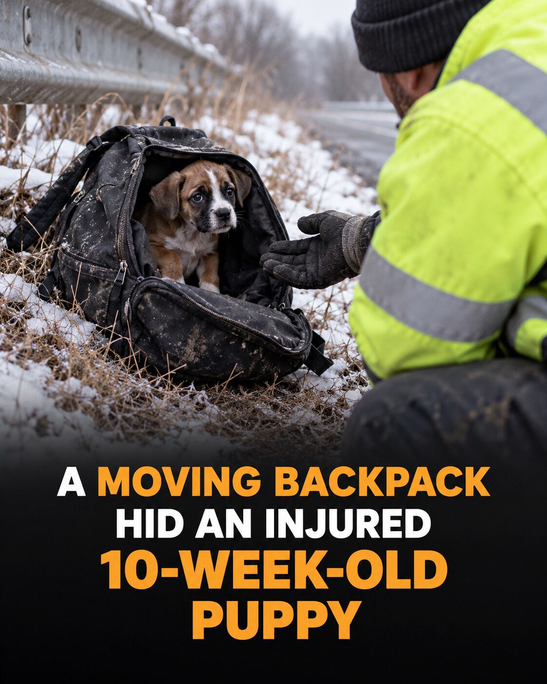 Illustration of a puppy discovered inside a backpack beside a winter road