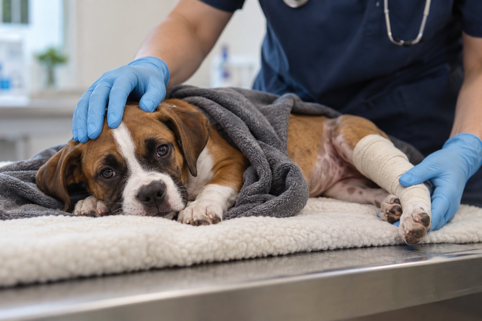 Illustration of an injured boxer-mix puppy receiving veterinary care