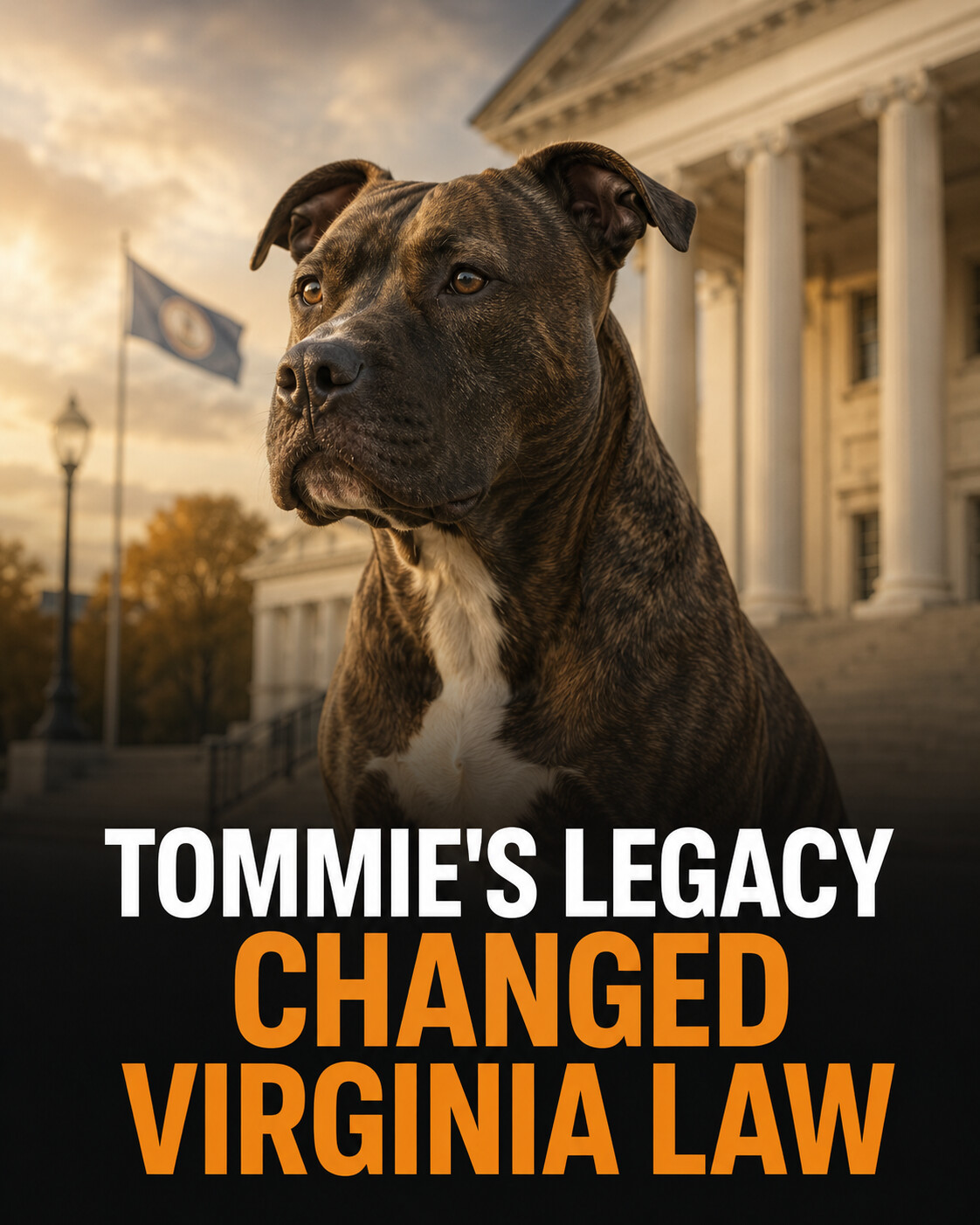 Generic brindle dog before a Virginia civic building with the words Tommie's Legacy Changed Virginia Law