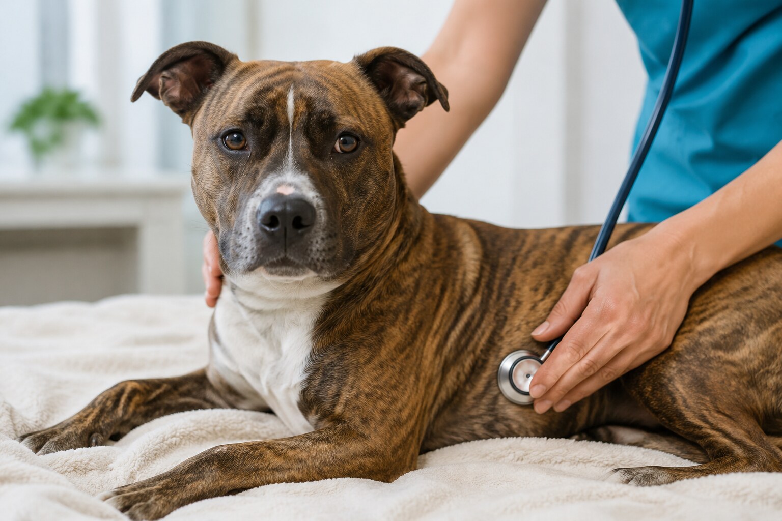 Generic brindle dog receiving a calm veterinary wellness check