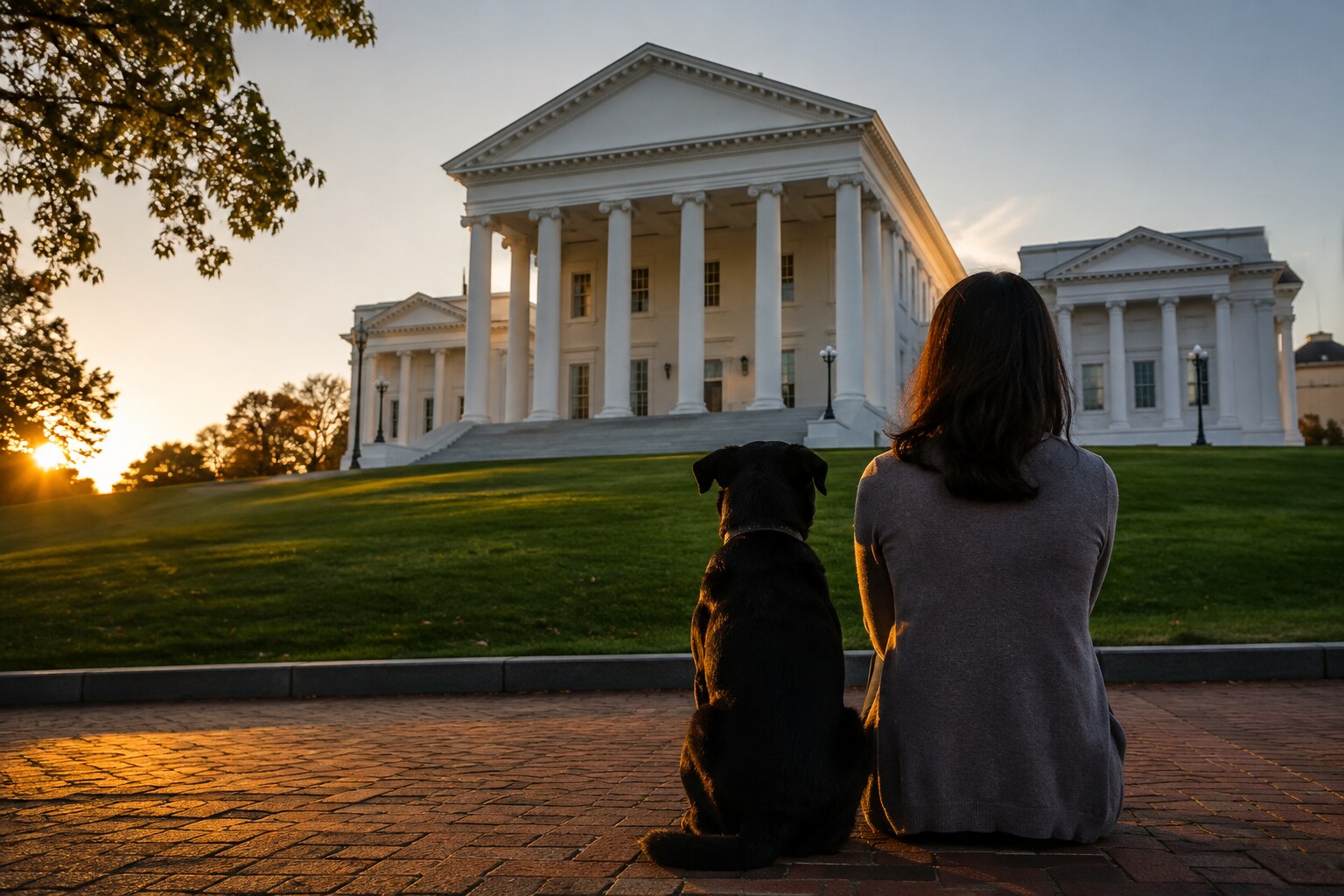 A dog and an adult viewed from behind facing Virginia’s Capitol at sunset