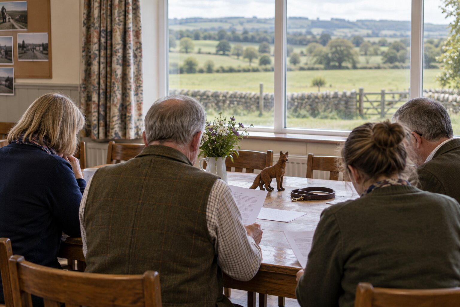 People reviewing consultation papers in a rural community hall overlooking English countryside