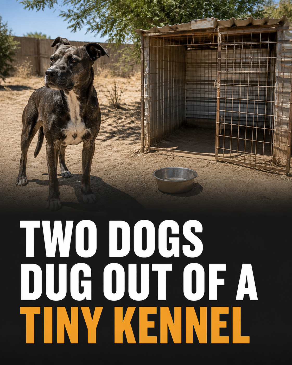 Dog standing beside a small empty outdoor kennel