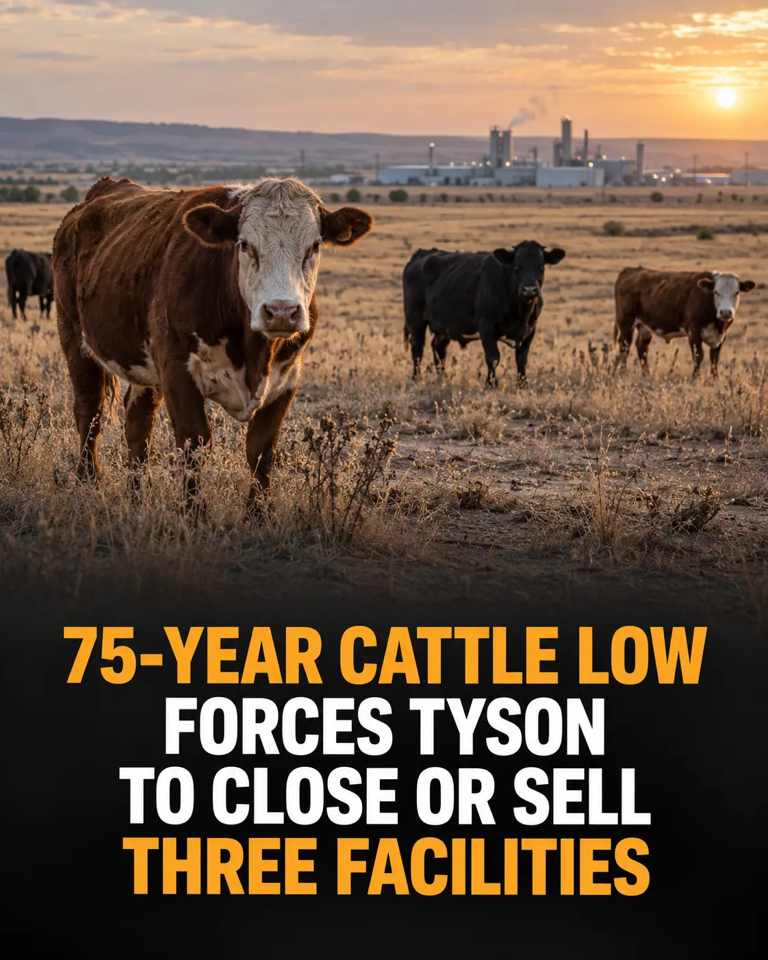Cattle above a headline about Tyson closing or selling three facilities amid a 75-year cattle low