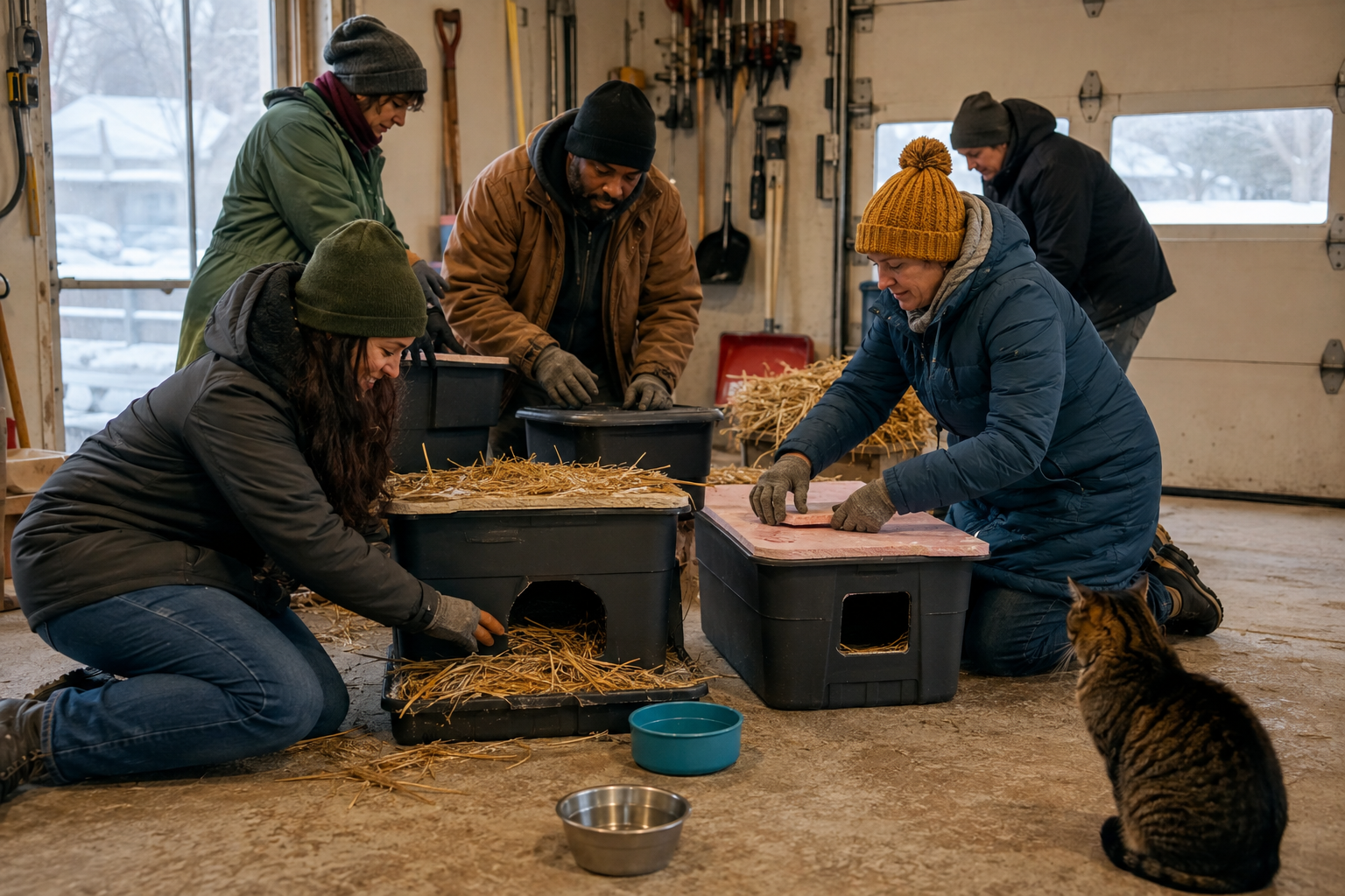 Community volunteers building insulated outdoor shelters with straw for cats