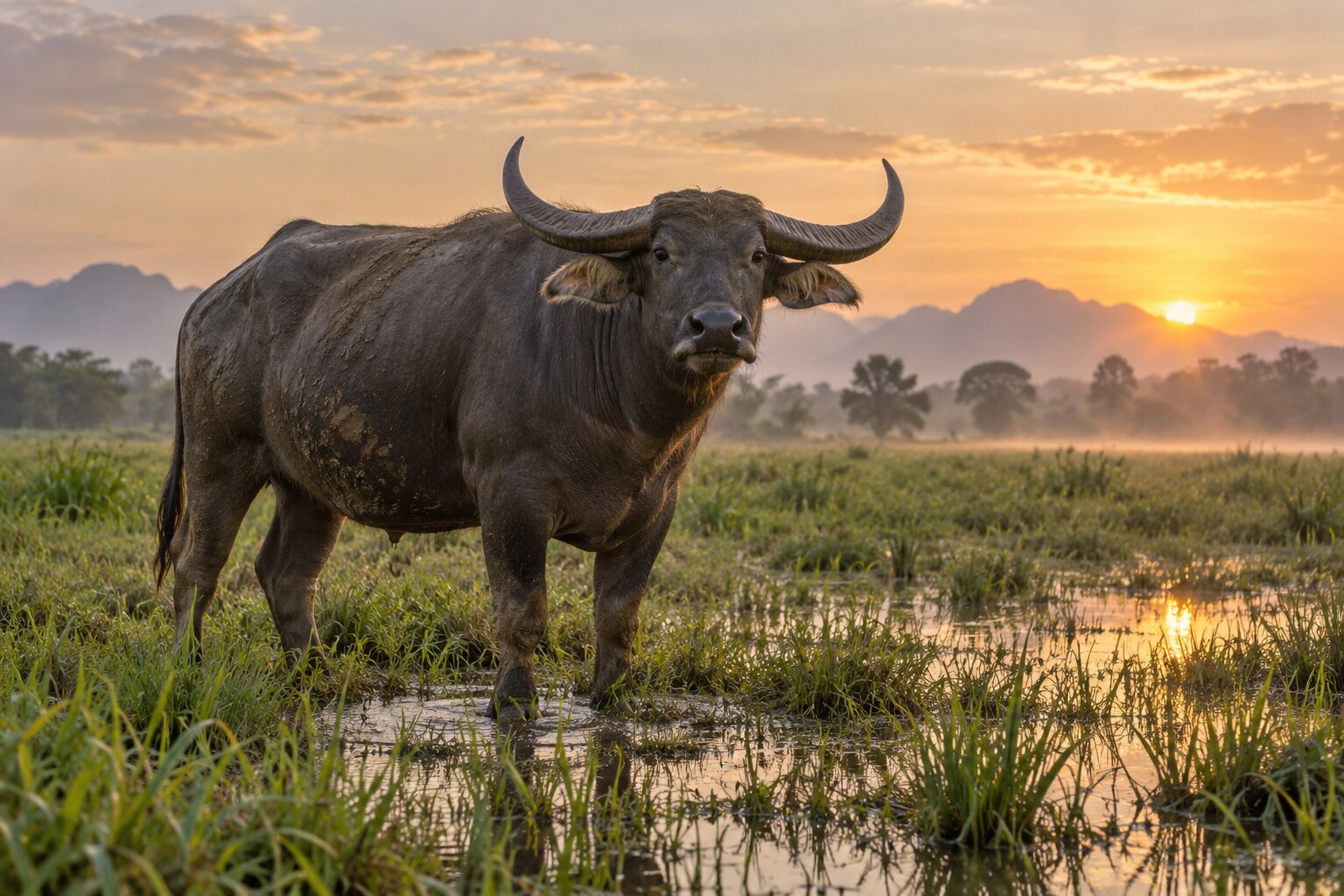 A water buffalo standing alert in wet grassland at sunrise