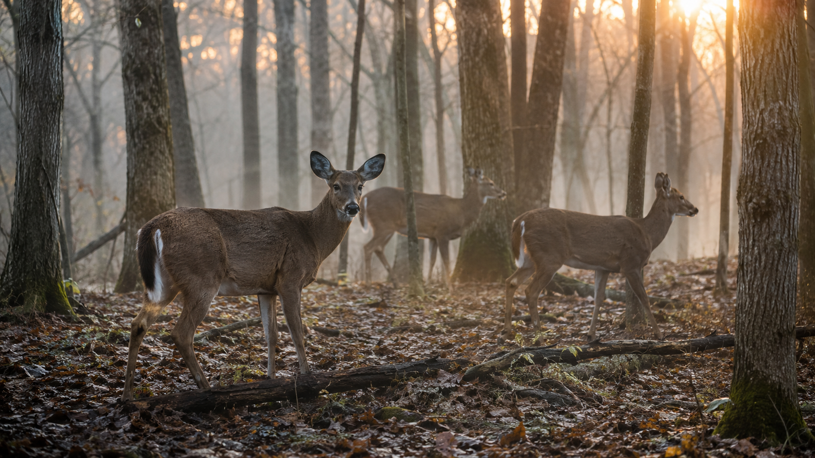 White-tailed deer moving calmly through a hardwood forest at sunrise