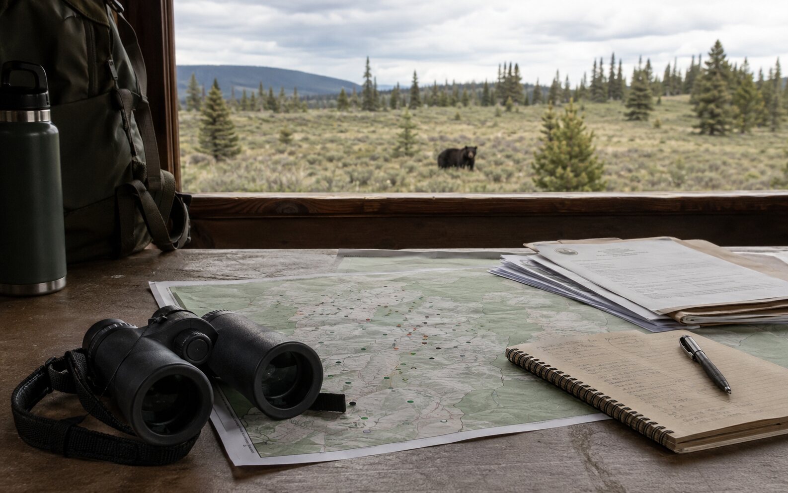 Binoculars, maps and management papers with a living bear visible in the distance