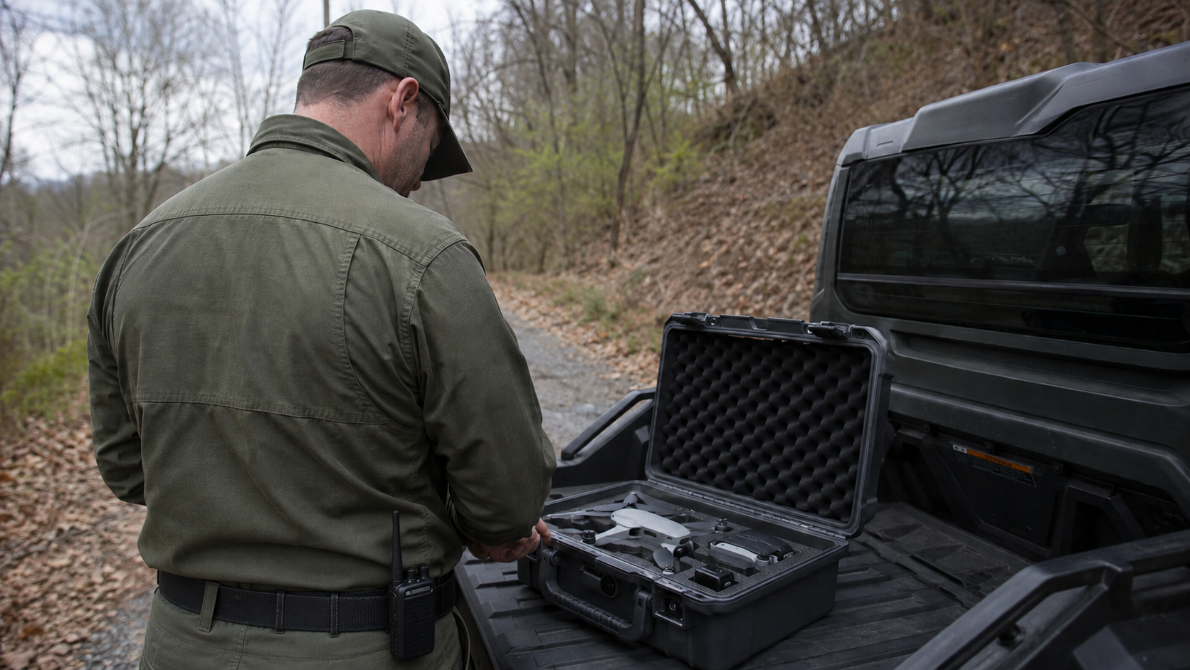 An anonymous wildlife officer examining a drone stored in a hard case beside a field vehicle