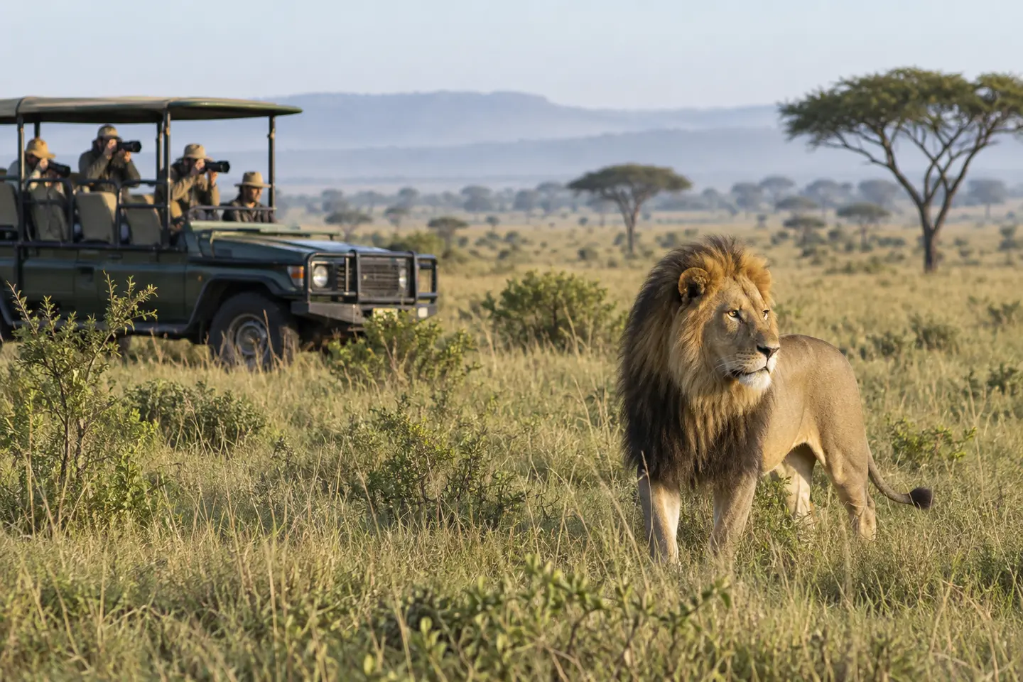 Wildlife photographers observing a free-ranging lion from a respectful distance