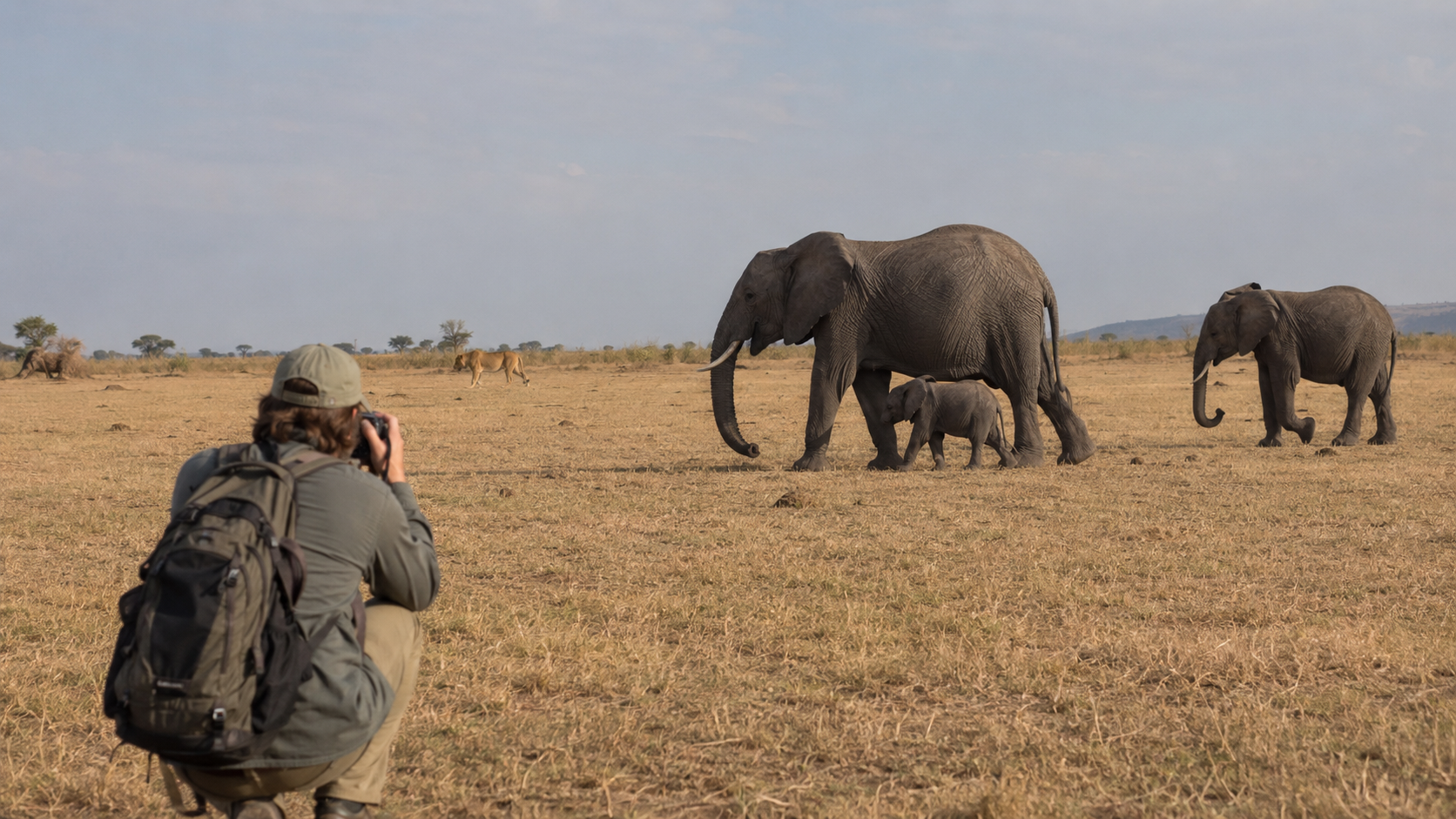 A wildlife photographer observing an elephant family and a distant lion on the savanna