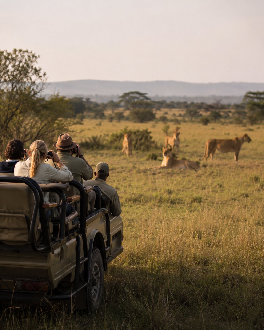 A local safari guide and visitors observe living lions from a safe distance in open savanna.