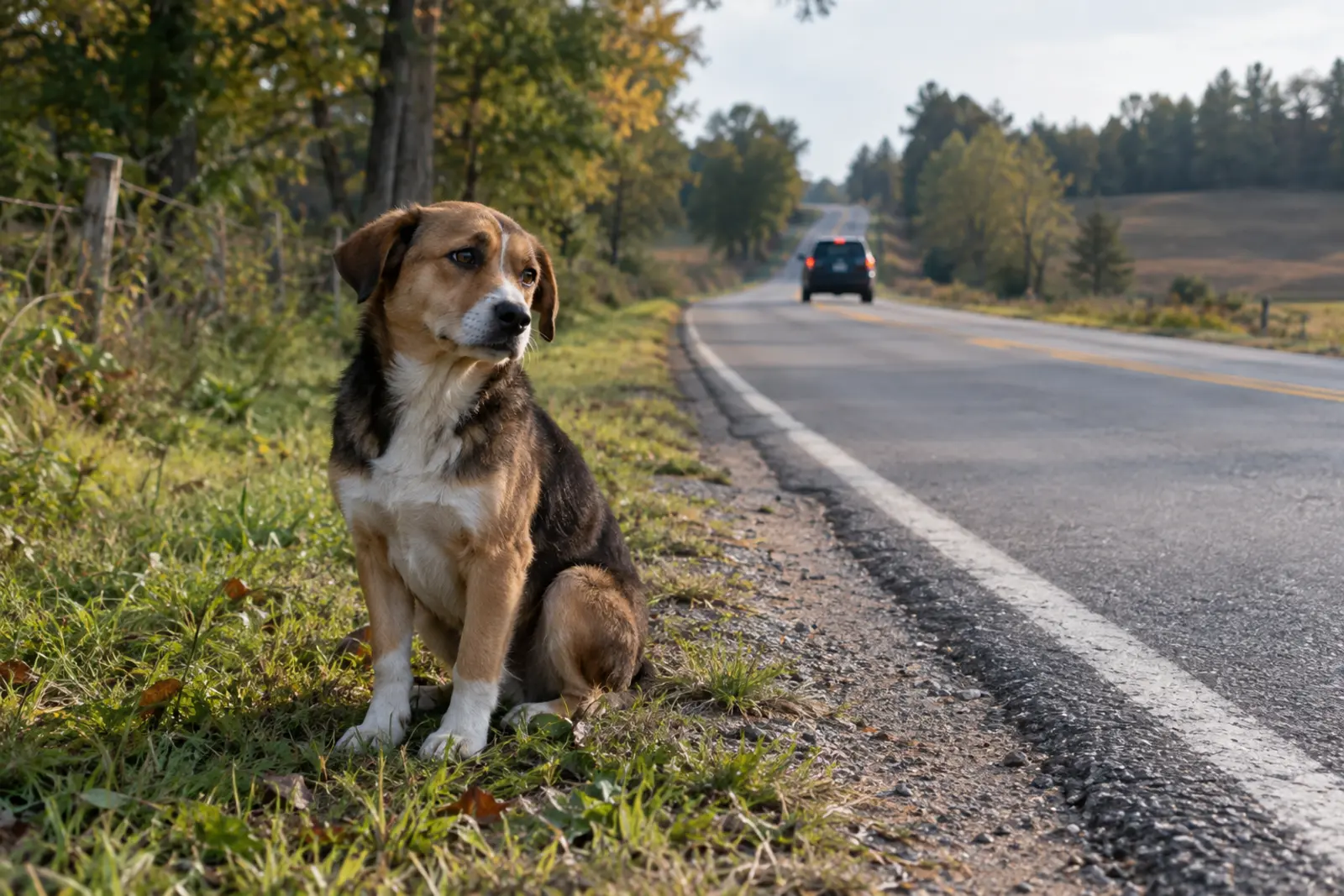 A frightened dog waits alone on the shoulder of a quiet road after being abandoned