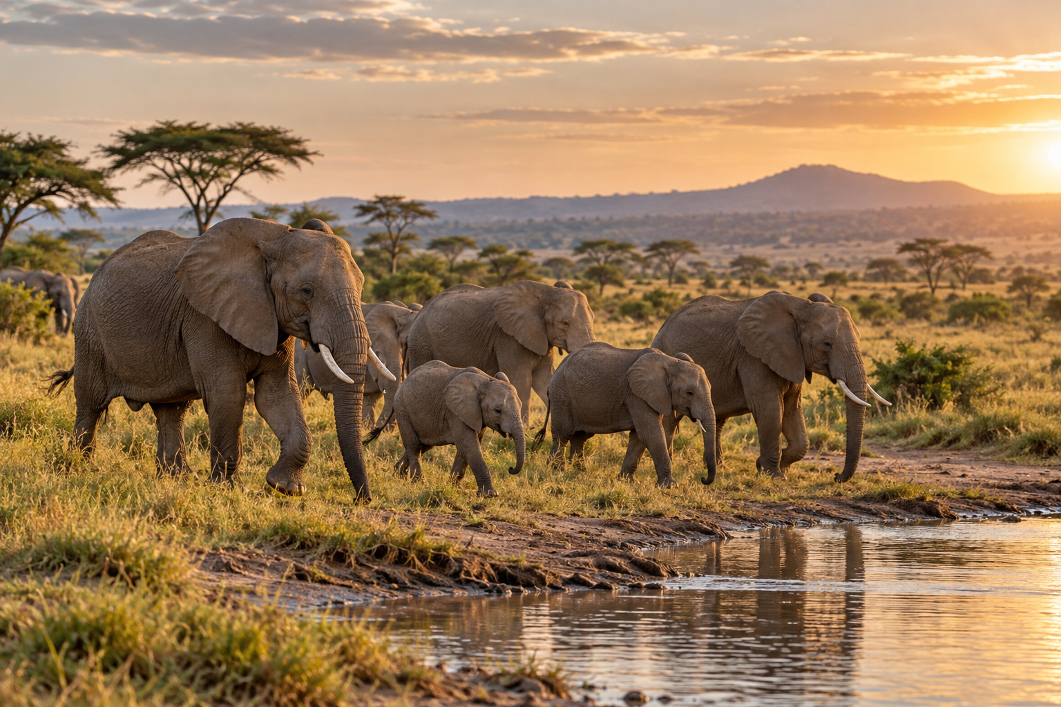 Editorial reconstruction of an African elephant family, including calves, walking toward water in a savanna.