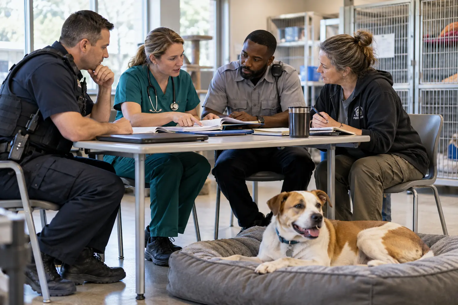 Police, veterinary and animal-welfare professionals coordinating a case at a shelter